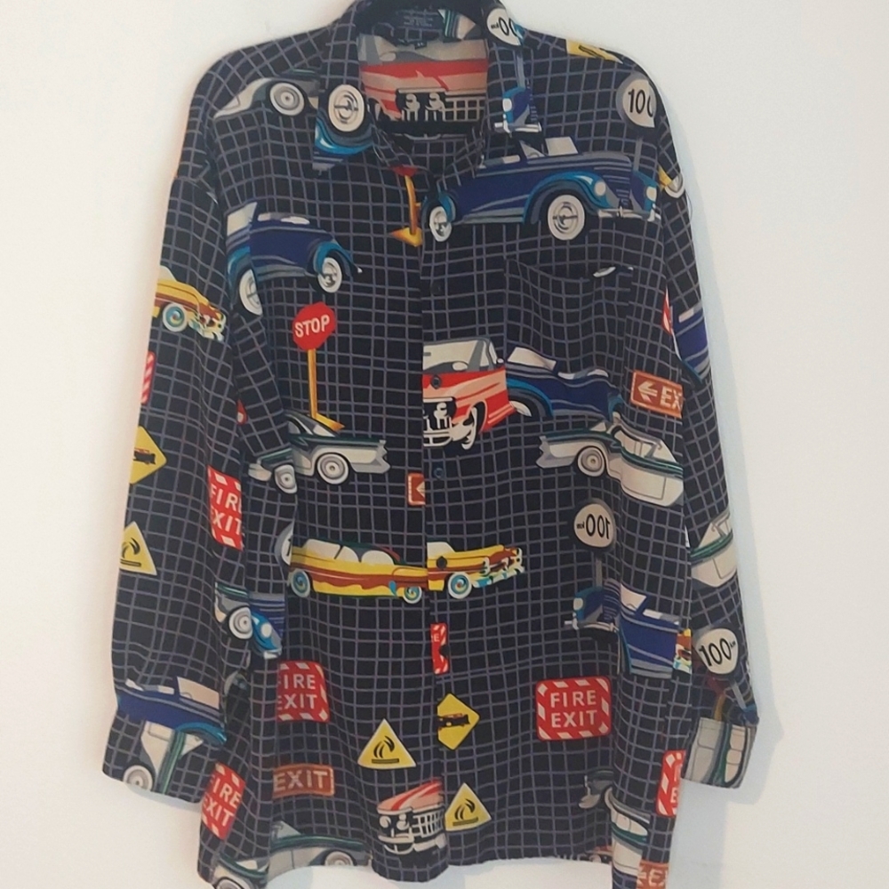 Koman Sport retro classic car print men's button down top size XL